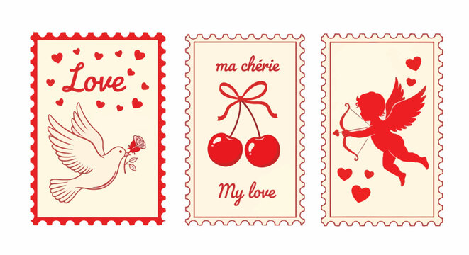 Three vintage-style Valentine's Day postage stamps featuring romantic imagery like a dove, cherries, and Cupid.