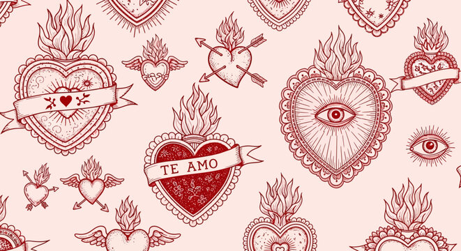 A vintage-style seamless pattern featuring sacred hearts adorned with flames, arrows, and banners, rendered in a delicate red line art on a soft pink background.