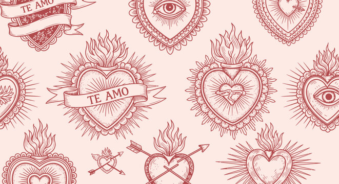 A vintage-style illustration featuring a repeating pattern of Sacred Hearts with flames and decorative elements like banners and eyes.