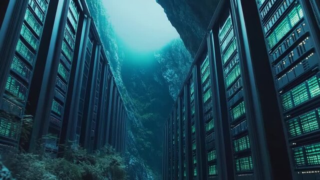 Servers housed in an underwater data center forming a high tech digital infrastructure within a deep subaquatic cave, highlighting concepts of green computing and environmental sustainability