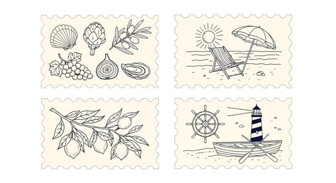 A collection of four hand-drawn postage stamps, each featuring a different theme: a collection of fruits and vegetables, a beach scene, a lemon branch, and a nautical theme with a lighthouse and boat.