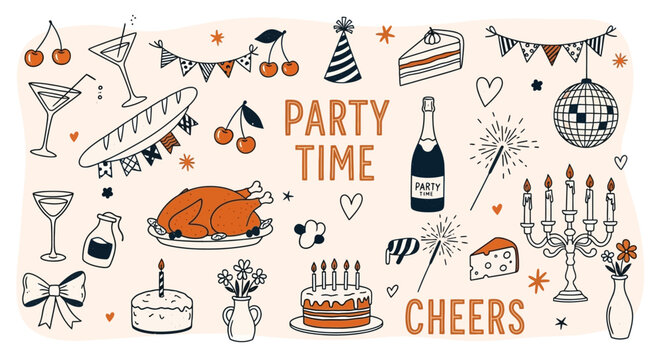 A collection of hand-drawn party and celebration doodles including food, drinks, decorations, and festive elements on a light background.
