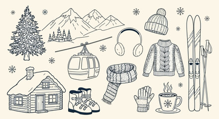 A charming hand-drawn illustration of winter mountain activities and cozy cabin life, featuring skis, a gondola, warm clothing, and a snowy landscape. © Jonan
