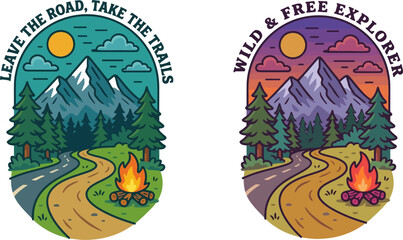 Fototapeta premium flat adventure badge vector featuring a mountain landscape, campfire, and hiking trails. Perfect for outdoor stickers, nature logos, and wilderness illustrations.
