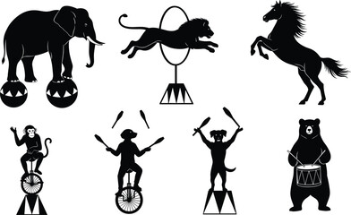 Set of circus animal silhouettes featuring elephant balancing on balls, lion jumping through hoop, bear drumming, and monkeys on unicycles, © Rekha