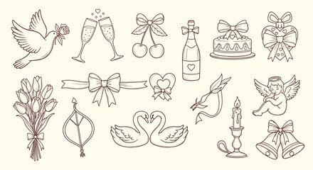 A collection of vintage-style line art illustrations depicting various romantic and celebratory elements like doves, champagne, cakes, flowers, and angels.