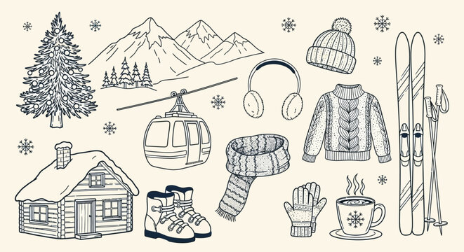 A charming hand-drawn illustration of winter mountain activities and cozy cabin life, featuring skis, a gondola, warm clothing, and a snowy landscape.