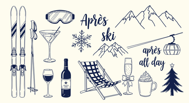 Hand-drawn sketch collection of apr&egrave;s ski elements including skis, mountains, drinks, and winter holiday symbols.