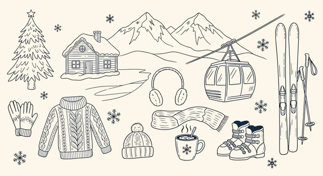 A collection of hand-drawn winter holiday and ski resort elements.