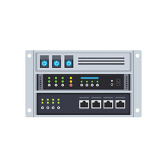 Obraz premium Network server rack unit with ports and indicator lights