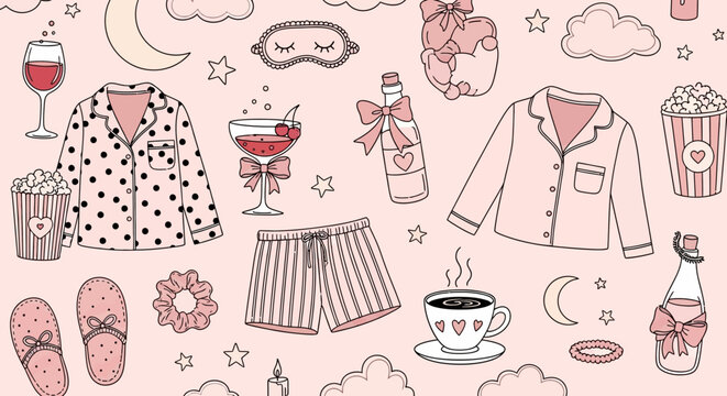 A cute seamless pattern of sleepover and cozy night elements in pink and white, featuring pajamas, drinks, snacks, and celestial motifs.