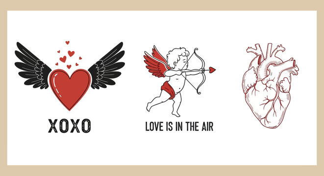This image features three distinct love-themed illustrations: a winged heart with "XOXO", a cupid with "LOVE IS IN THE AIR", and an anatomical heart.