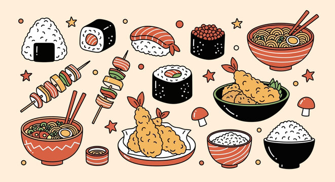 A collection of various traditional Japanese dishes and snacks, including sushi, ramen, tempura, and onigiri, in a cute cartoon style.