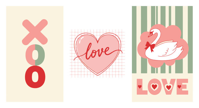 Valentine's Day graphic designs featuring XOX text in red and green, and a pink heart with 'love' script.