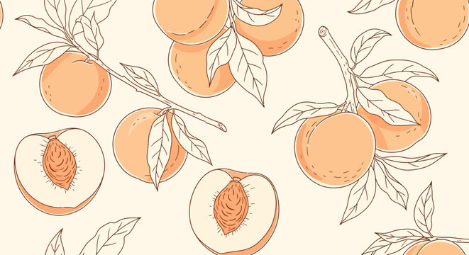 Seamless pattern with hand-drawn peaches on branches and cut peaches, featuring a light orange and brown outline design.