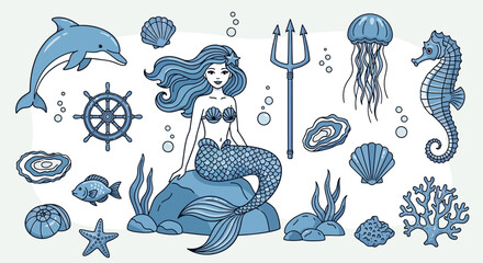 A charming collection of blue-toned cartoon sea creatures and underwater elements, including a mermaid, dolphin, seahorse, jellyfish, and various shells, perfect for ocean-themed designs. © Jonan