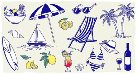 A collection of hand-drawn summer vacation icons including a surfboard, beach umbrella, deck chair, bikini, palm trees, and tropical drinks. © Jonan