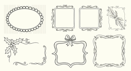 A collection of seven ornate and decorative vintage-style frames and borders, hand-drawn in black ink on a cream background.