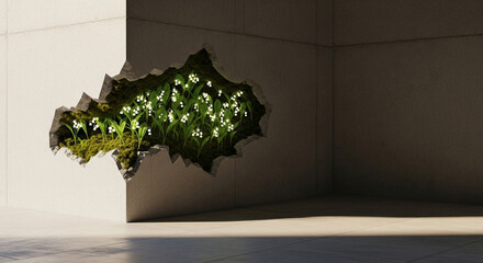 Lily of the Valley & Moss Bloom in Cracked Concrete Wall, Nature's Resilience Amidst Urban Decay