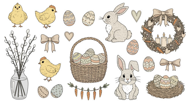A charming collection of hand-drawn Easter-themed illustrations featuring cute chicks, bunnies, decorated eggs, a basket, a wreath, and pussy willow branches.