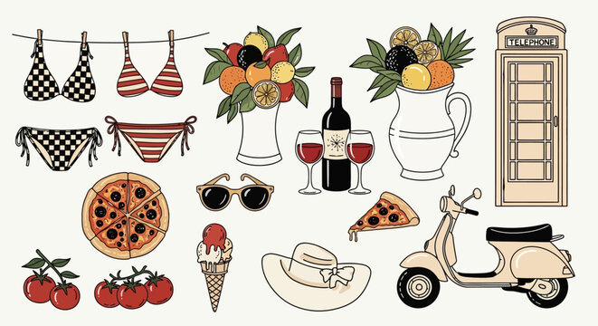 A charming collection of Italian-themed illustrations featuring a scooter, pizza, wine, and summer vacation essentials.