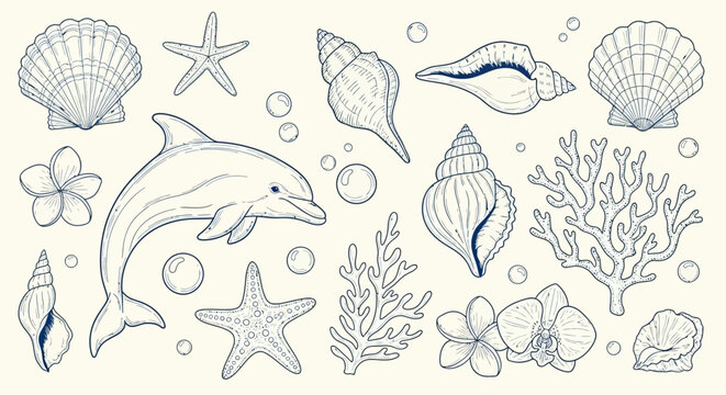 A charming hand-drawn illustration featuring a playful dolphin surrounded by various marine elements like seashells, starfish, coral, and flowers, set against a textured background.