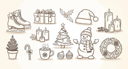 Naklejka premium A charming collection of hand-drawn Christmas and winter holiday icons, including skates, gifts, candles, a snowman, and a wreath.