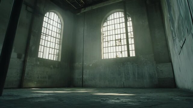 Interior of a dilapidated industrial building featuring large arched windows with grilles, allowing natural light to stream into the dusty, empty space, highlighting urban decay