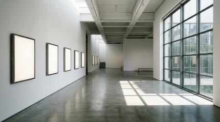 Fototapeta premium Empty modern art gallery hall showcasing blank illuminated frames with concrete floor and large windows offering ample copy space for design presentation or architectural concept.
