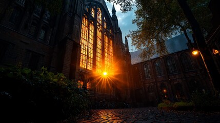 Obraz premium Gothic Architecture Illuminated by Dawn's Glow: A grand cathedral's towering stained-glass windows are aglow with the light of the rising sun. the image capture historic detail and serene atmosphere