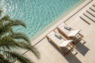 Obraz premium Top view of two sunbeds beside a clear swimming pool at a tropical resort. Palm tree shadows, sunlight reflections, and tranquil summer vibes create a luxurious vacation atmosphere.