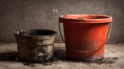 Fototapeta premium An isolated ceramic flowerpot and an old rusty bucket with a spade and shovel sit on a white background near an empty terracotta gardening container for plant growth