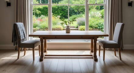 Fototapeta premium Dining room with a wooden table and two chairs in front of a bright window overlooking a garden