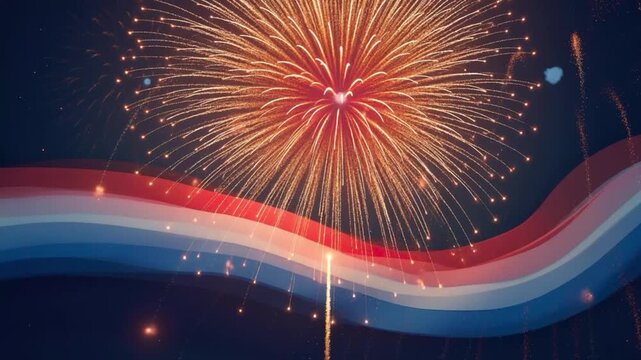 Bastille Day. Multicolored ribbons in the colors of the French flag with sparkling fireworks on a festive background