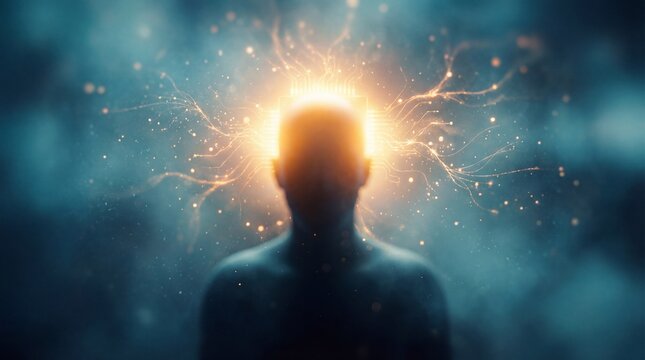 Human silhouette with glowing orange light radiating from head, abstract energy particles, dark blue background, spiritual awakening concept