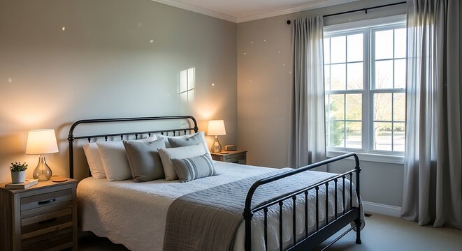 Cozy bedroom interior with black metal frame bed neutral linens wooden nightstands and soft lighting