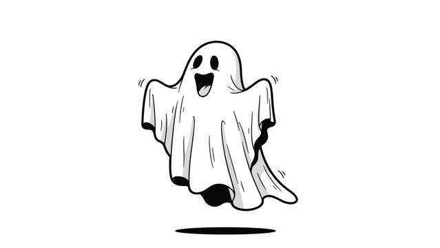 Friendly cartoon ghost floats in the air with a happy expression and mouth wide open for Halloween celebrations.