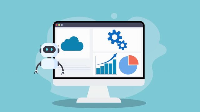 Flat vector animation of an AI dashboard on a desktop monitor with charts, cloud data icon, and a friendly robot assistant, representing automation, analytics, and smart digital technology.