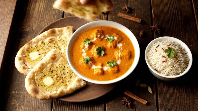 Delicious Indian curry served with naan bread and rice on a rustic wooden table from above