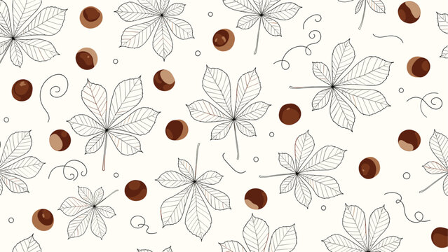 Autumnal seamless pattern featuring hand drawn horse chestnut leaves and brown chestnuts on a beige background.