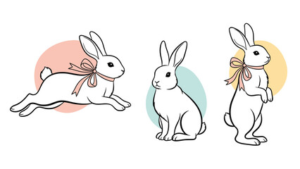 Fototapeta premium Trio of adorable white rabbits adorned with pink bows, shown in jumping, sitting, and standing poses for Easter themes.