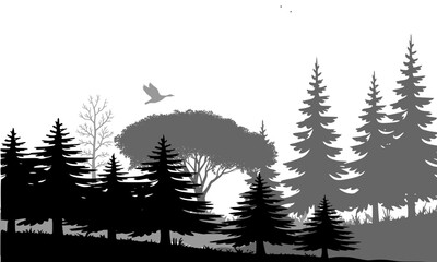 Fototapeta premium Gray silhouette of a dense pine and deciduous forest landscape with flying bird, perfect for nature, wilderness, woodland, and outdoor-themed logo, poster, and graphic design projects