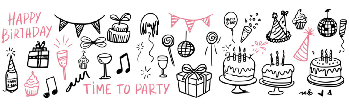 Doodle Vector Happy Birthday Collection &ndash; Hand Drawn Party Icons Set.