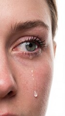 Fototapeta premium Sad woman with tear rolling down cheek on white background 