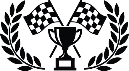 Black winner trophy cup with crossed checkered racing flags and laurel wreath frame for victory championship achievement sports competition success and finish line © SUSHANTO