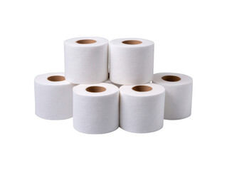 Stack of white toilet paper rolls arranged in a pyramid on a neutral surface for hygiene and household needs
