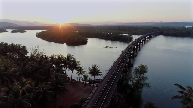 Aerial view of Honnavar hanging bridge over river in Karnataka