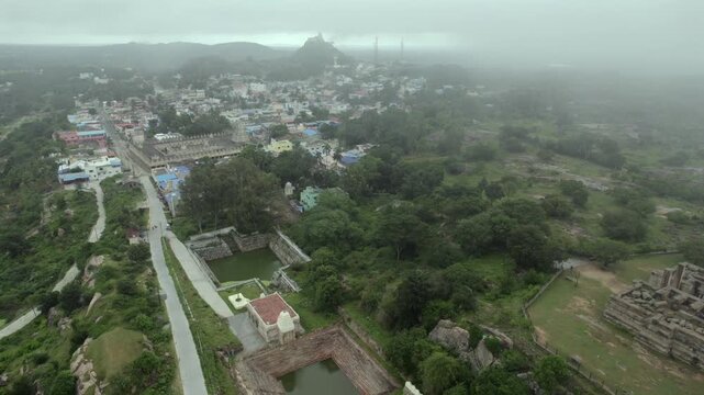 Aerial view of Melkote temple town and Kalyani in Karnataka