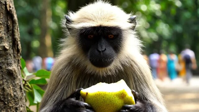 Close-up of a Gray Langur monkey eating a pear in its natural habitat, enjoying the fresh fruit.