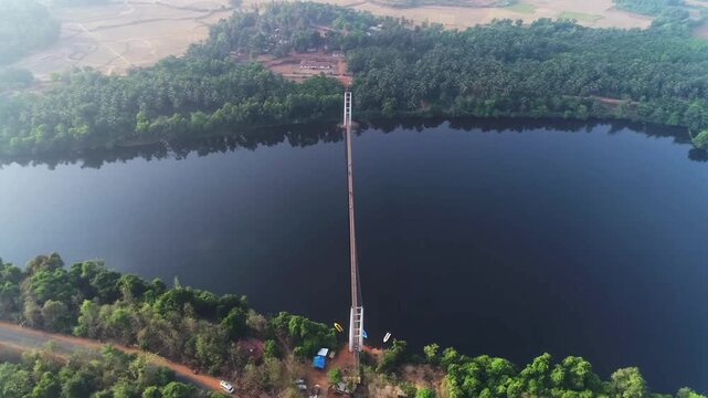 Aerial view of Honnavar hanging bridge over river in Karnataka